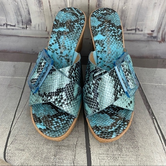 Donald Pliner Illiad Leather Snake Buckle Platform Cork Wedges Blue Black - Picture 9 of 13